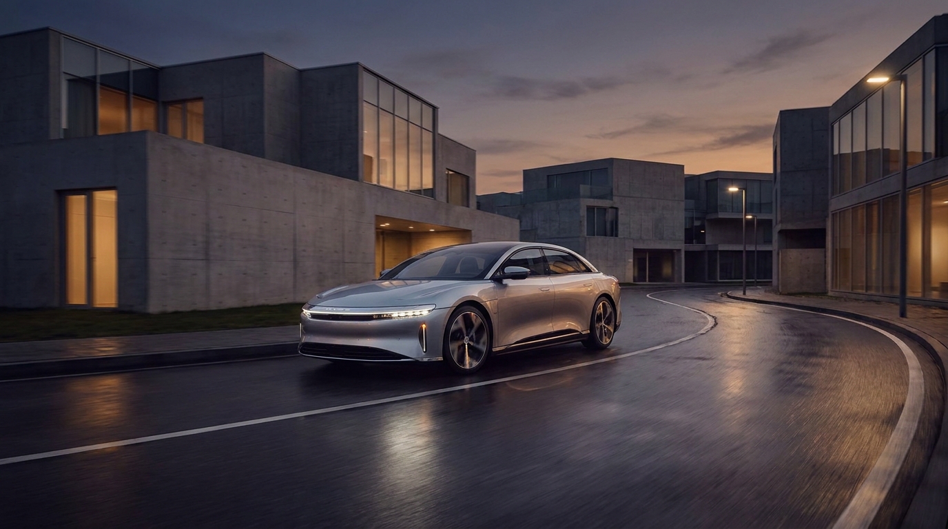 VOLT-EV sedan listrik di studio gelap minimalis
